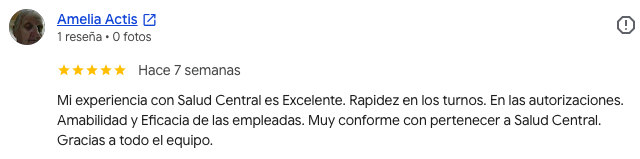 Reseña real de un socio de Salud Central en Google